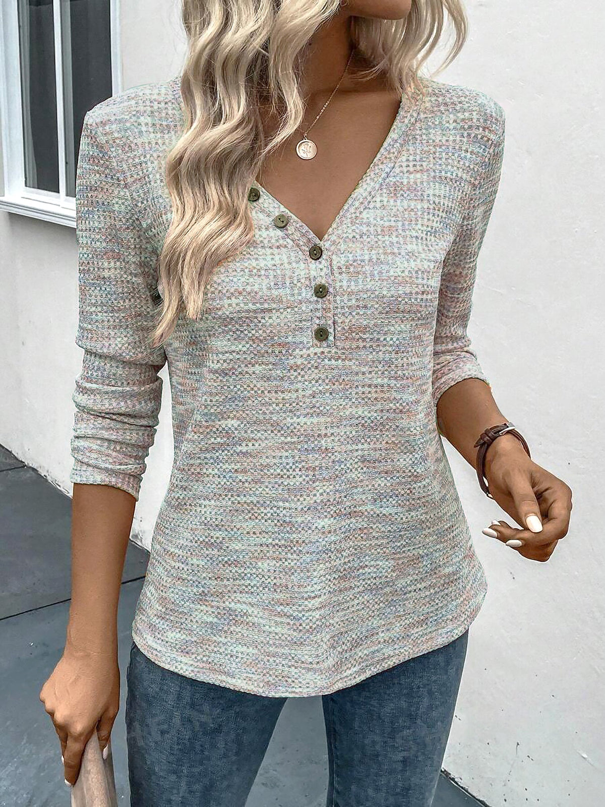 V Neck Button Decor Long Sleeves Textured Blouse