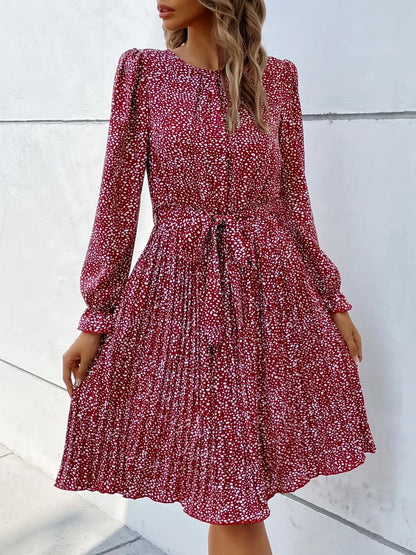 Round Neck Long Sleeve Lace-Up Leopard Pleated Midi Dress