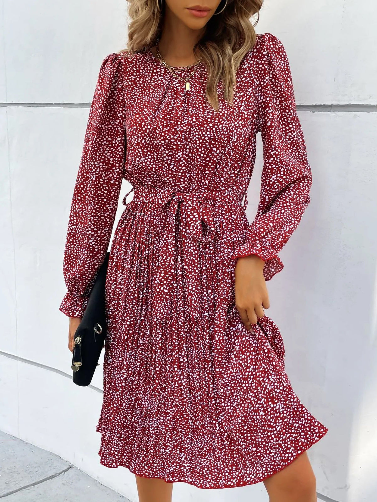 Round Neck Long Sleeve Lace-Up Leopard Pleated Midi Dress