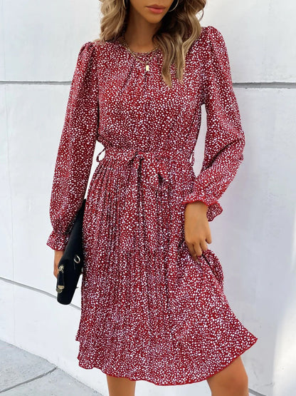 Round Neck Long Sleeve Lace-Up Leopard Pleated Midi Dress