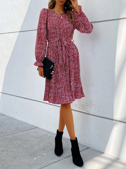Round Neck Long Sleeve Lace-Up Leopard Pleated Midi Dress