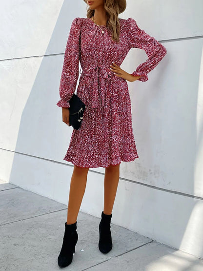 Round Neck Long Sleeve Lace-Up Leopard Pleated Midi Dress
