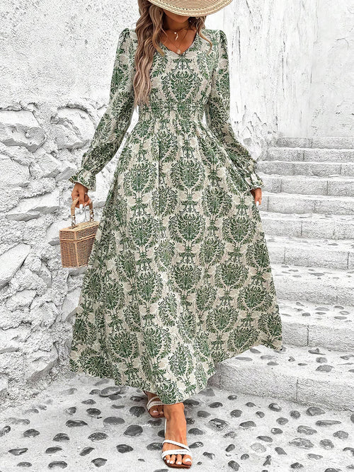 Boho-Chic Floral V Neck Long Sleeve Smocked Waist Swing Maxi Casual Dress