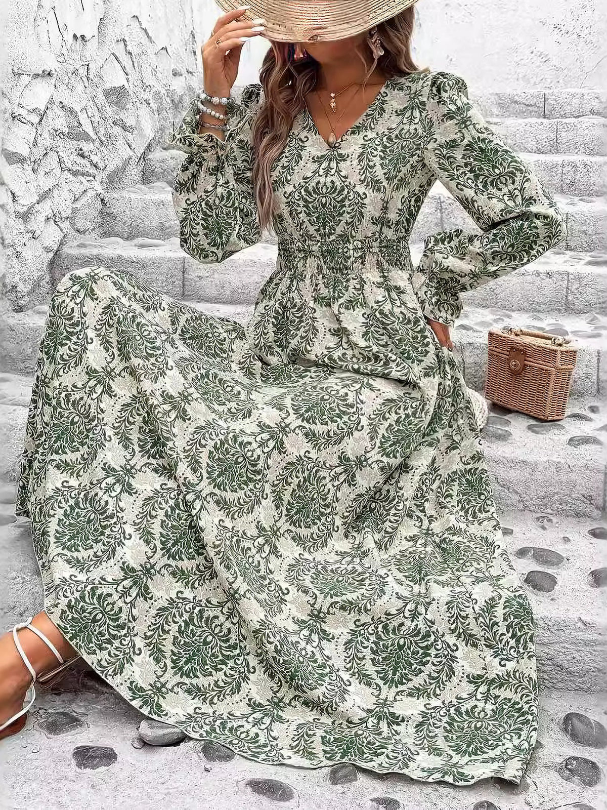 Boho-Chic Floral V Neck Long Sleeve Smocked Waist Swing Maxi Casual Dress