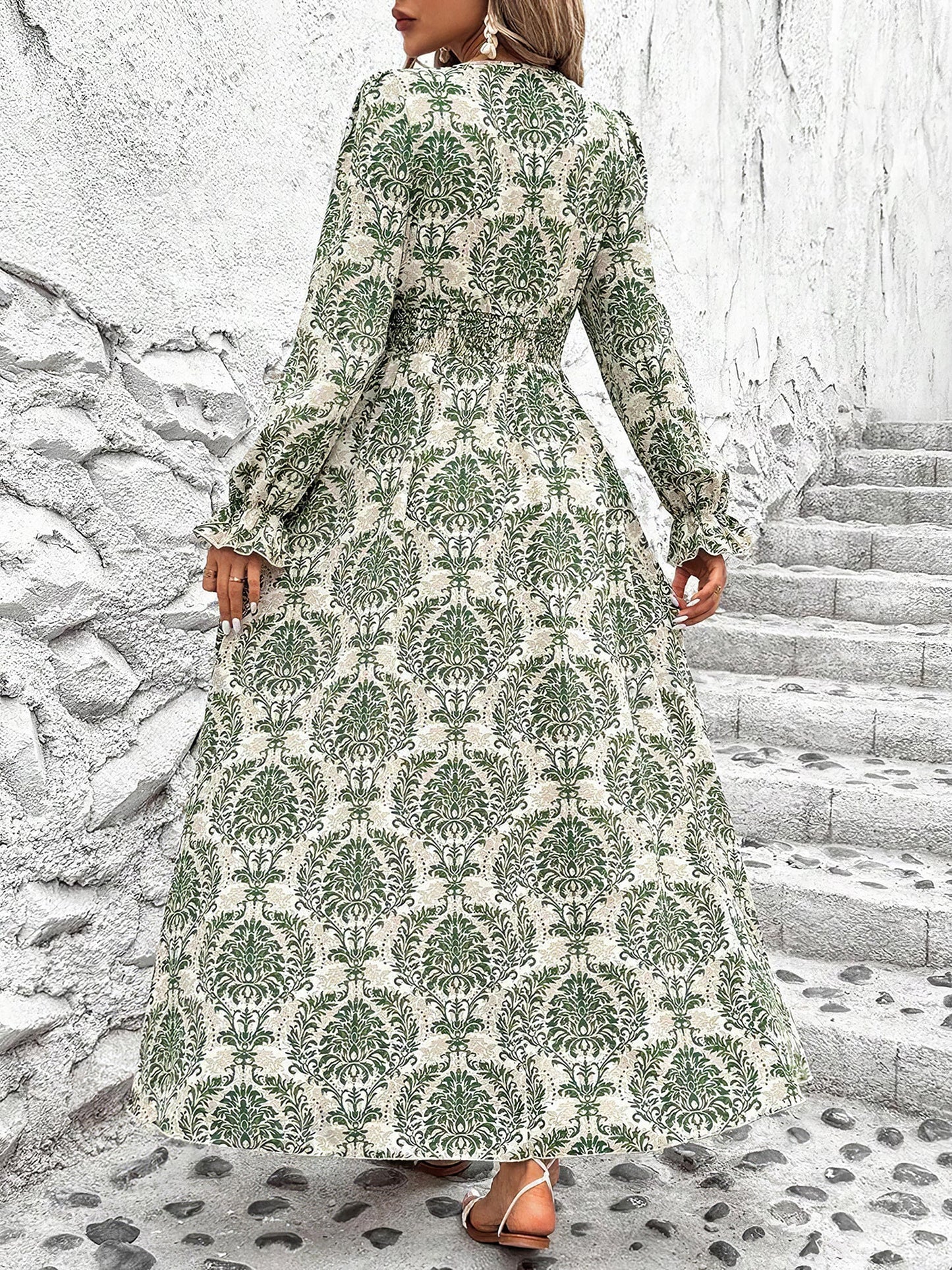 Boho-Chic Floral V Neck Long Sleeve Smocked Waist Swing Maxi Casual Dress