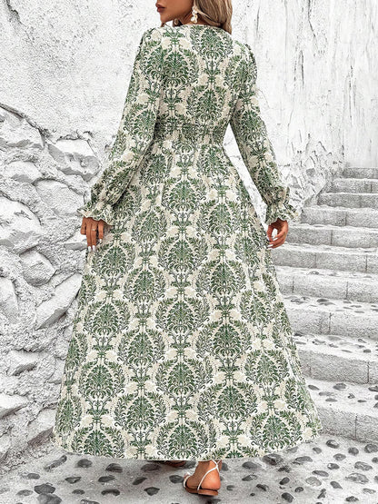 Boho-Chic Floral V Neck Long Sleeve Smocked Waist Swing Maxi Casual Dress