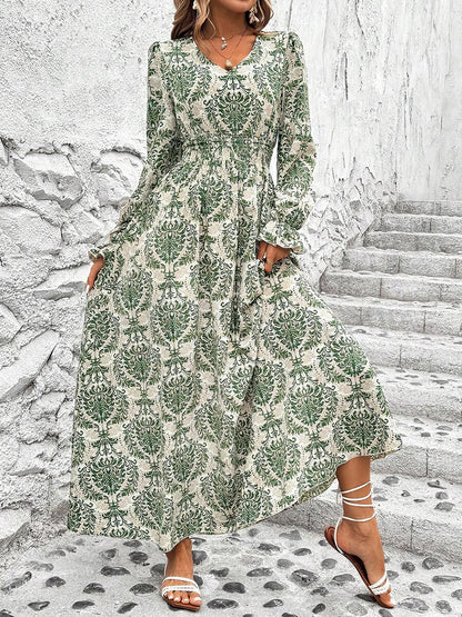 Boho-Chic Floral V Neck Long Sleeve Smocked Waist Swing Maxi Casual Dress