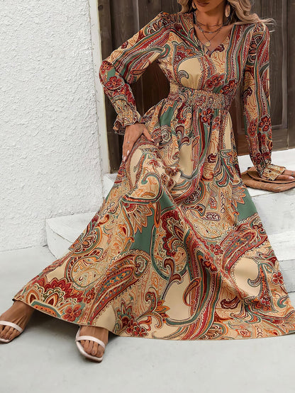 Boho-Chic Floral V Neck Long Sleeve Smocked Waist Swing Maxi Casual Dress