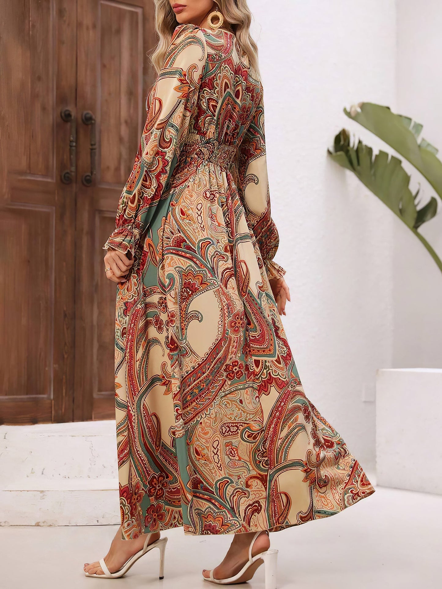 Boho-Chic Floral V Neck Long Sleeve Smocked Waist Swing Maxi Casual Dress