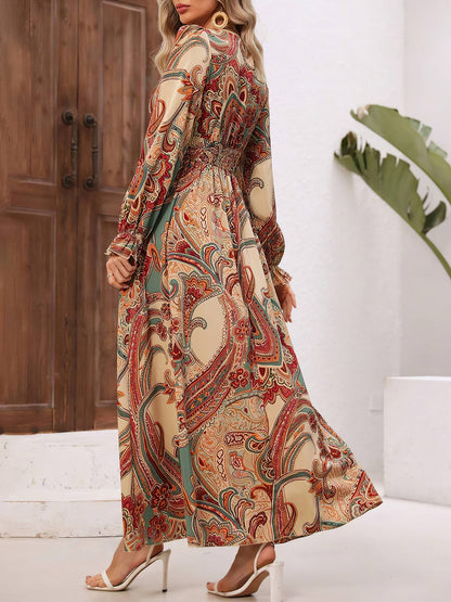 Boho-Chic Floral V Neck Long Sleeve Smocked Waist Swing Maxi Casual Dress