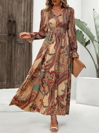 Boho-Chic Floral V Neck Long Sleeve Smocked Waist Swing Maxi Casual Dress