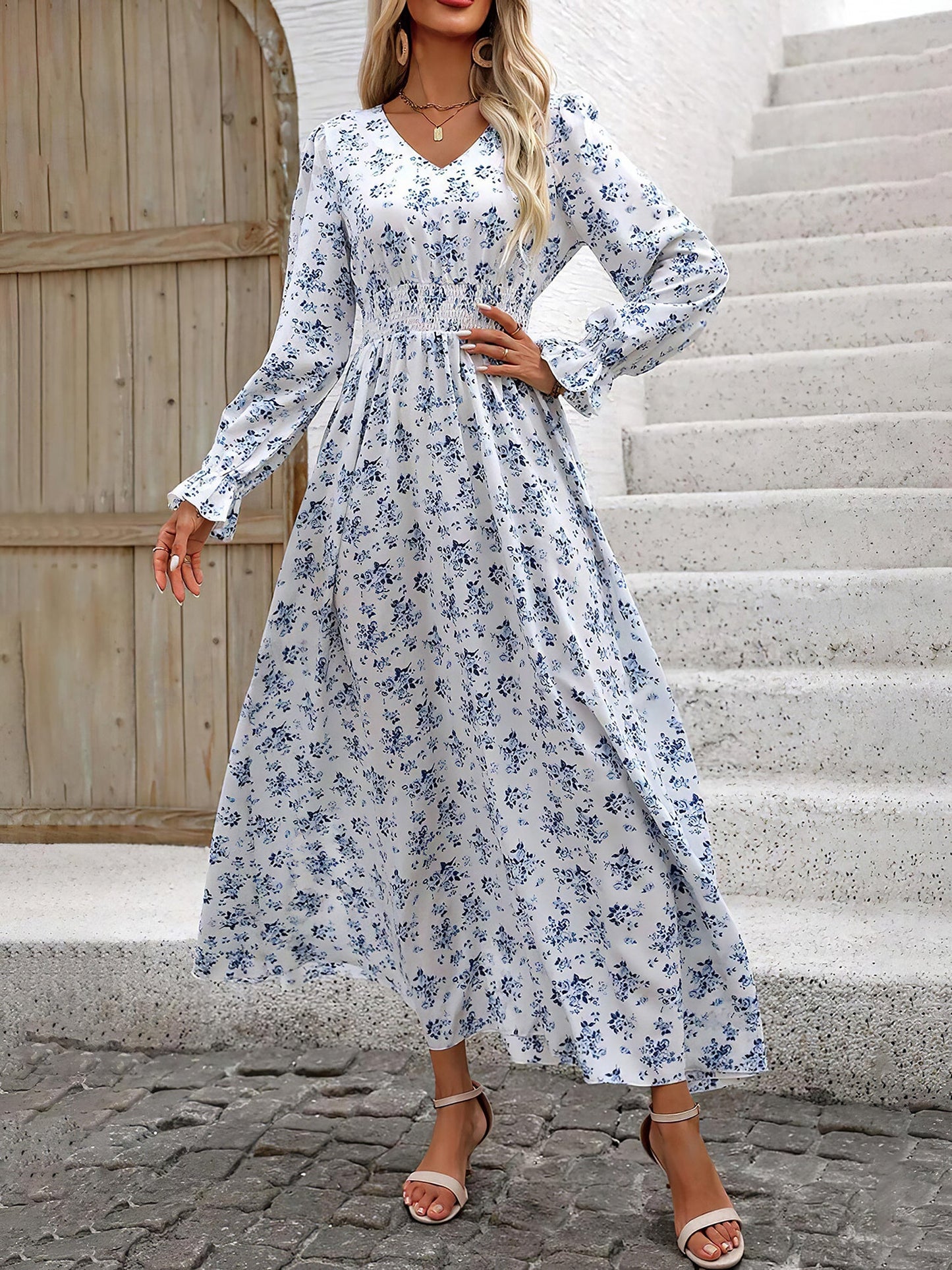 Boho-Chic Floral V Neck Long Sleeve Smocked Waist Swing Maxi Casual Dress