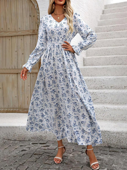 Boho-Chic Floral V Neck Long Sleeve Smocked Waist Swing Maxi Casual Dress