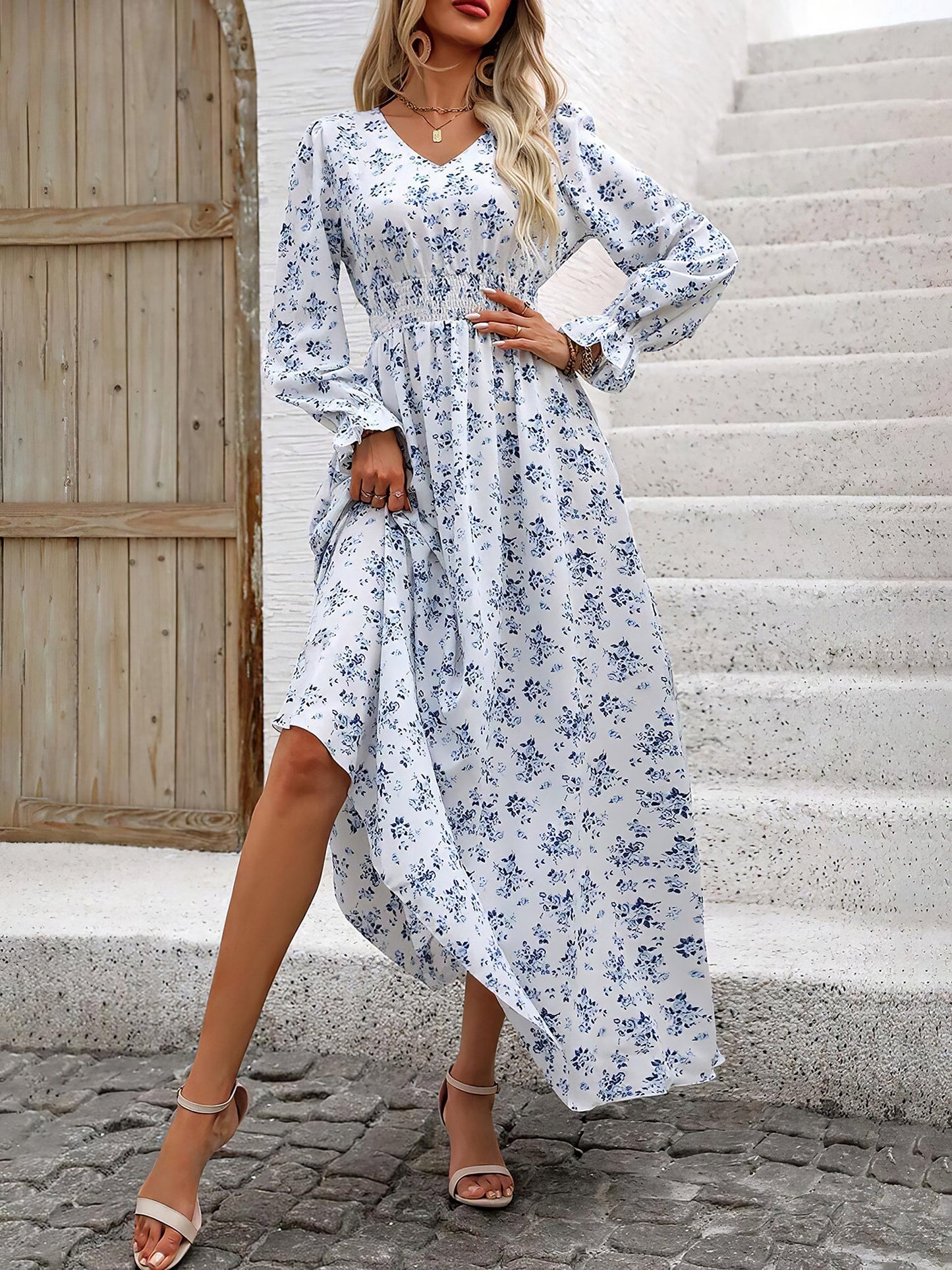 Boho-Chic Floral V Neck Long Sleeve Smocked Waist Swing Maxi Casual Dress