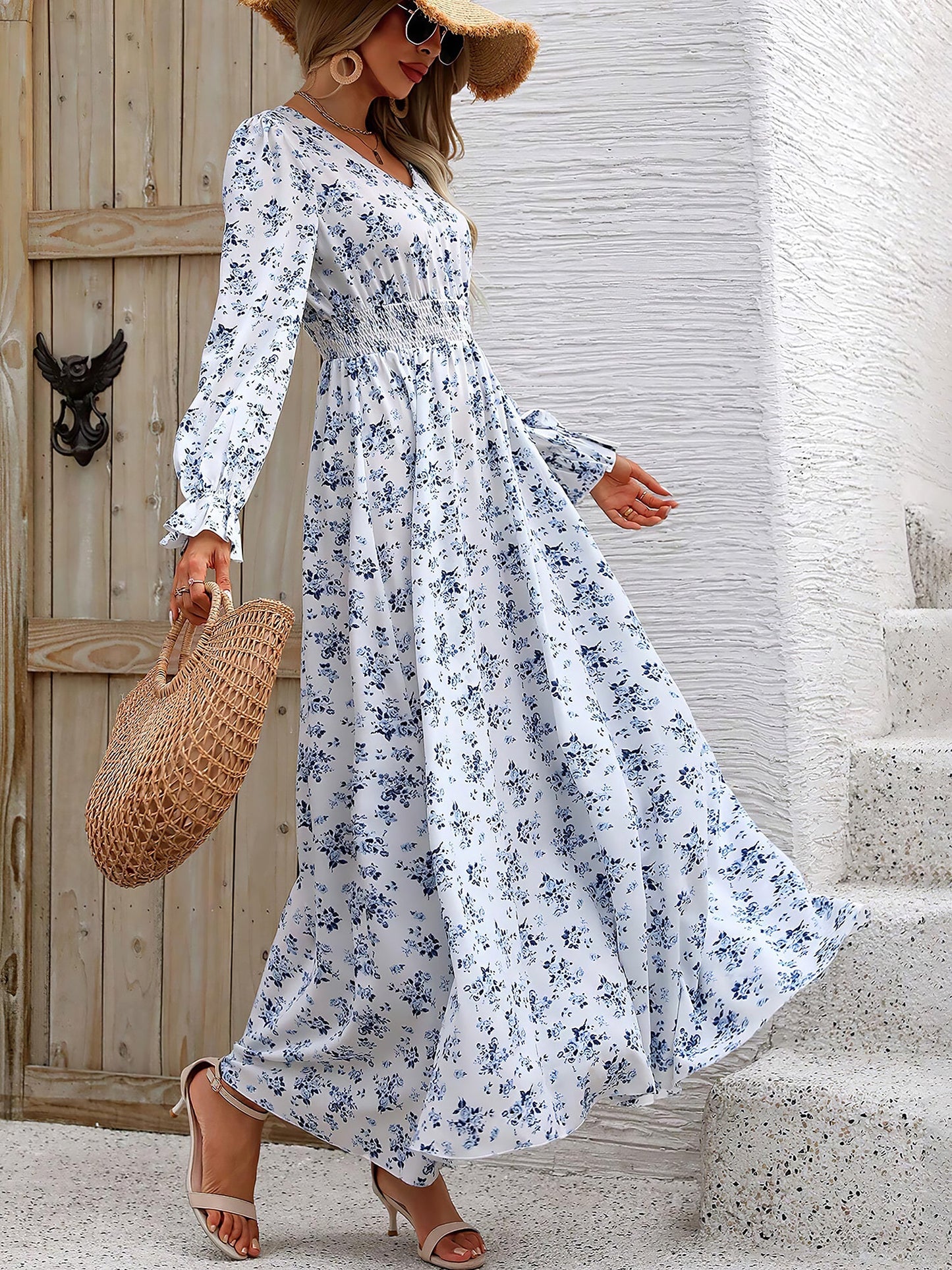 Boho-Chic Floral V Neck Long Sleeve Smocked Waist Swing Maxi Casual Dress
