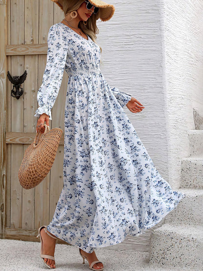 Boho-Chic Floral V Neck Long Sleeve Smocked Waist Swing Maxi Casual Dress