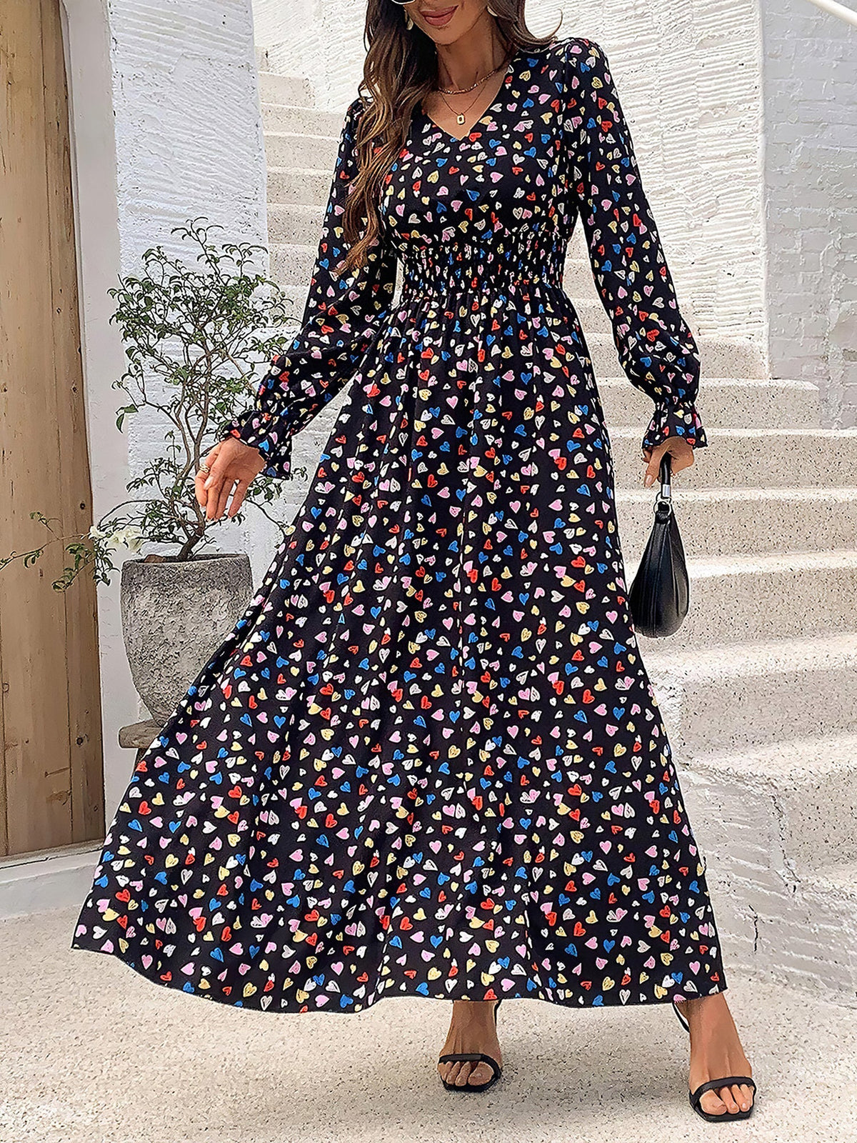 Boho-Chic Floral V Neck Long Sleeve Smocked Waist Swing Maxi Casual Dress
