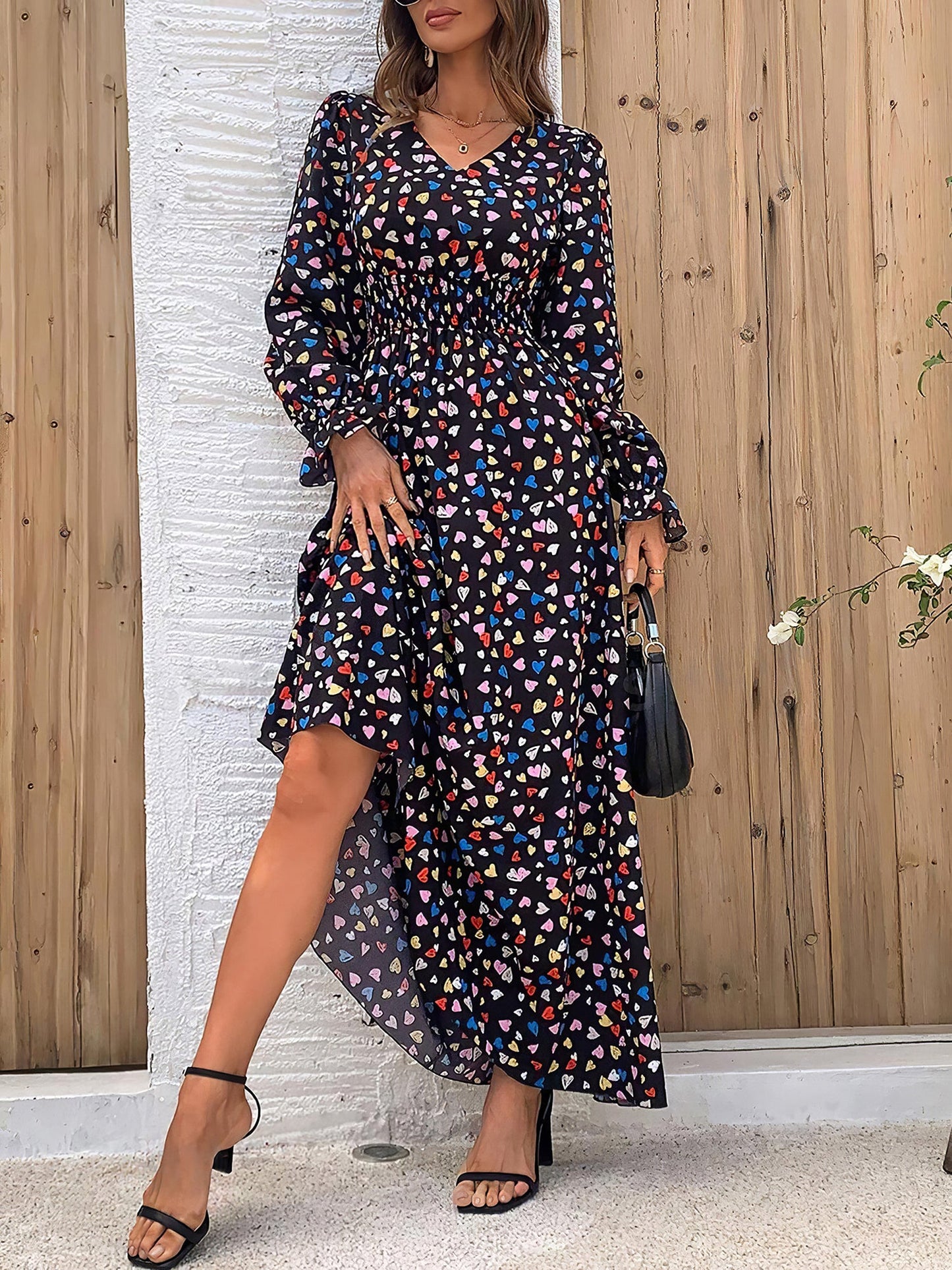 Boho-Chic Floral V Neck Long Sleeve Smocked Waist Swing Maxi Casual Dress