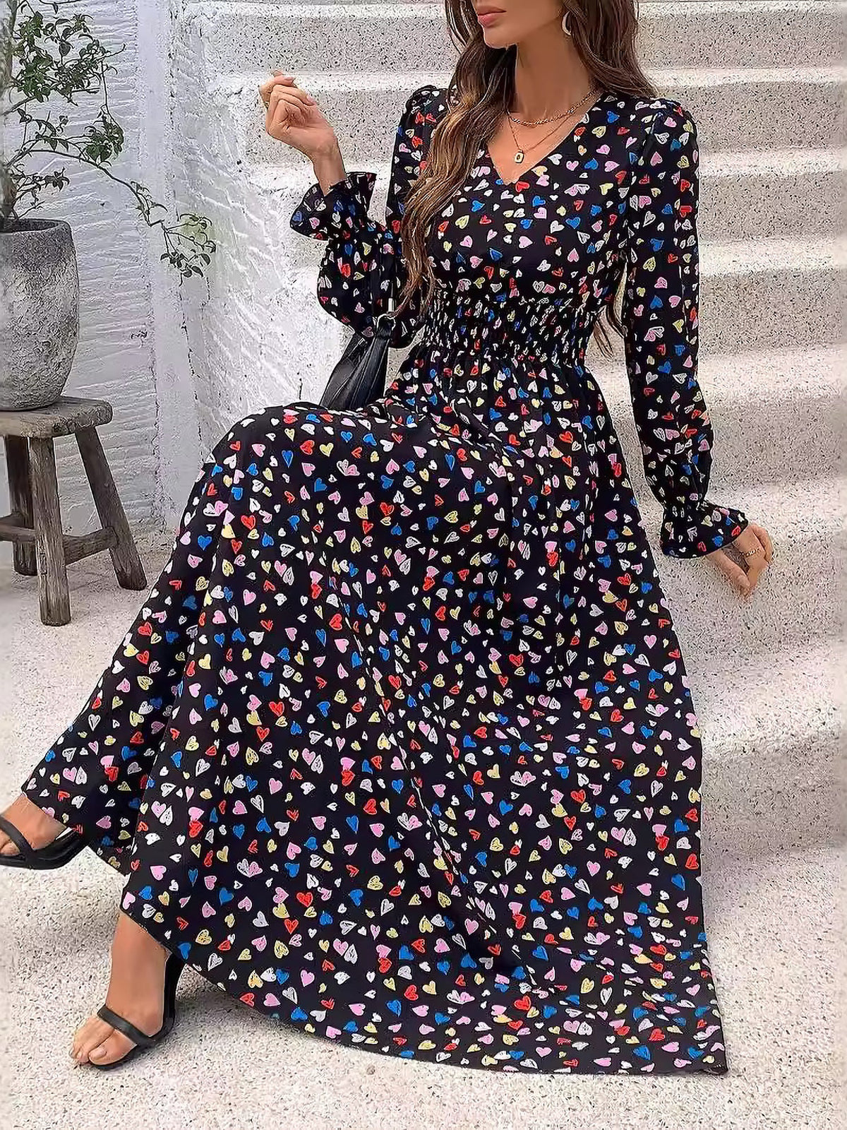 Boho-Chic Floral V Neck Long Sleeve Smocked Waist Swing Maxi Casual Dress