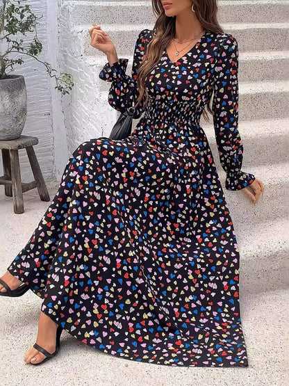 Boho-Chic Floral V Neck Long Sleeve Smocked Waist Swing Maxi Casual Dress