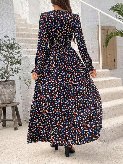 Boho-Chic Floral V Neck Long Sleeve Smocked Waist Swing Maxi Casual Dress