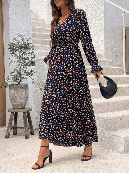 Boho-Chic Floral V Neck Long Sleeve Smocked Waist Swing Maxi Casual Dress