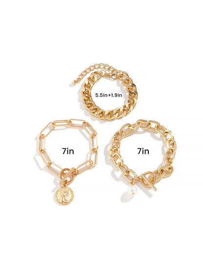 3 or 4 Pieces Bold Chain Alloy Faux Pearl Bracelet Set