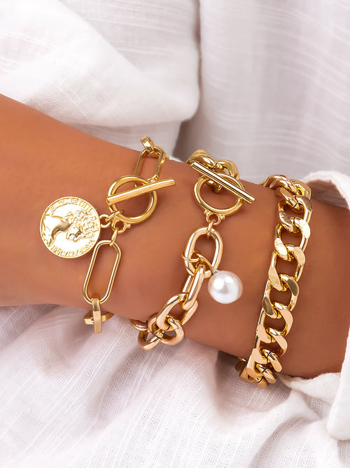 3 or 4 Pieces Bold Chain Alloy Faux Pearl Bracelet Set