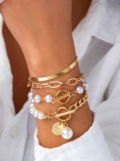 3 or 4 Pieces Bold Chain Alloy Faux Pearl Bracelet Set