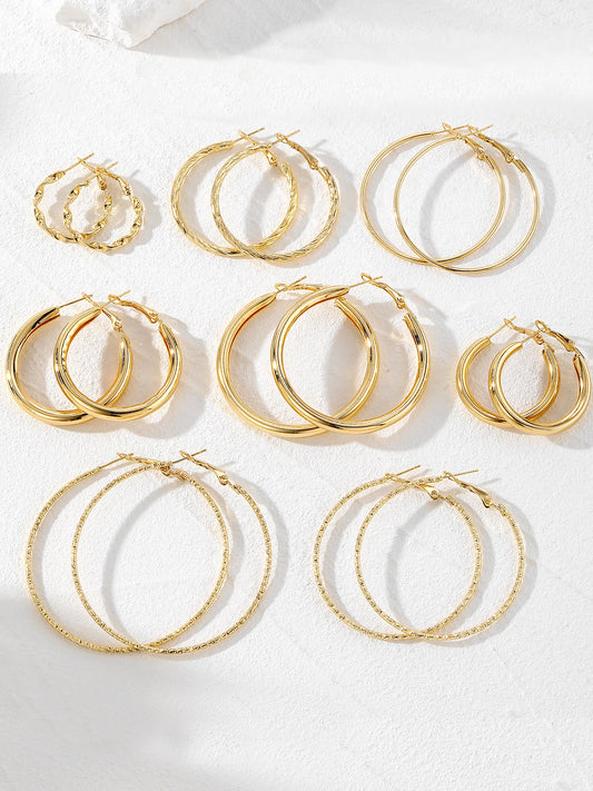 Trendy Mixed Sizes & Styles 8 Pairs Alloy Versatile Hoop Earrings Daily Set