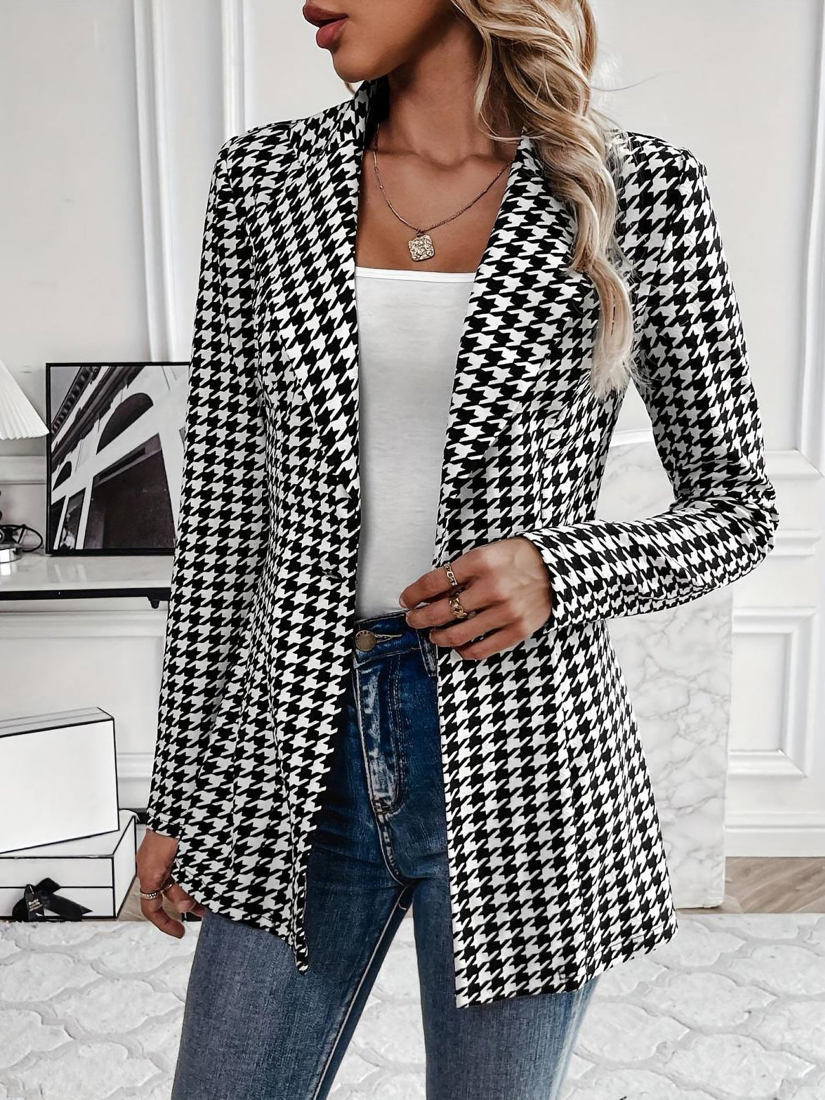 Classic Tailored Houndstooth Notched Lapel Long Sleeves Work Blazer