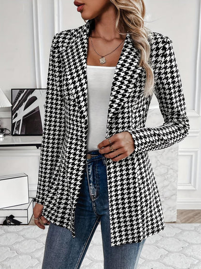 Classic Tailored Houndstooth Notched Lapel Long Sleeves Work Blazer