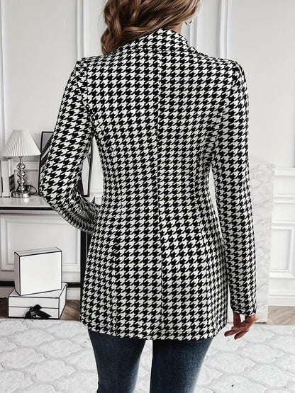 Classic Tailored Houndstooth Notched Lapel Long Sleeves Work Blazer