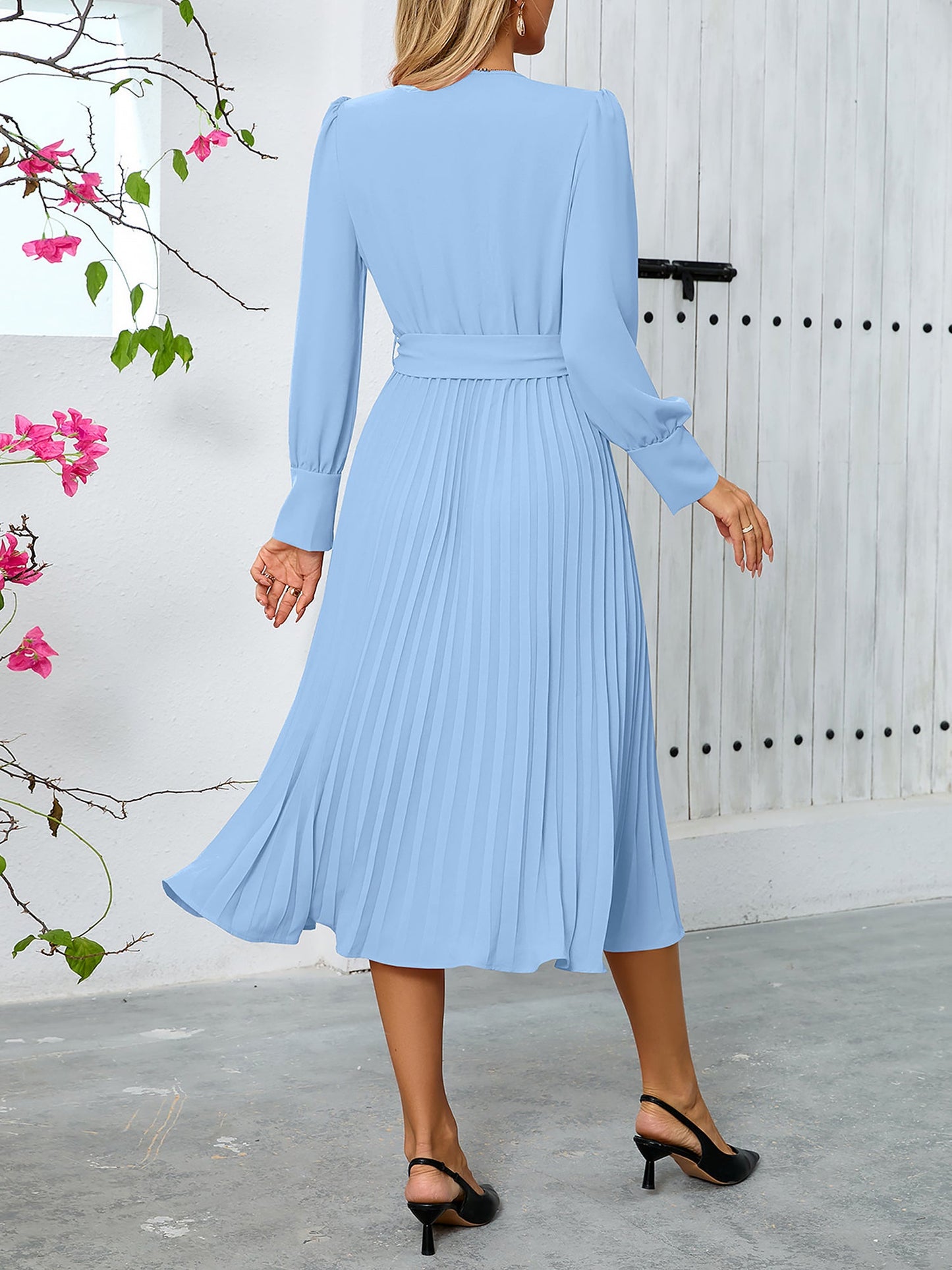 Elegant V Neck Long Sleeves Flutter Pleats Belted A-Line Midi Office Dress