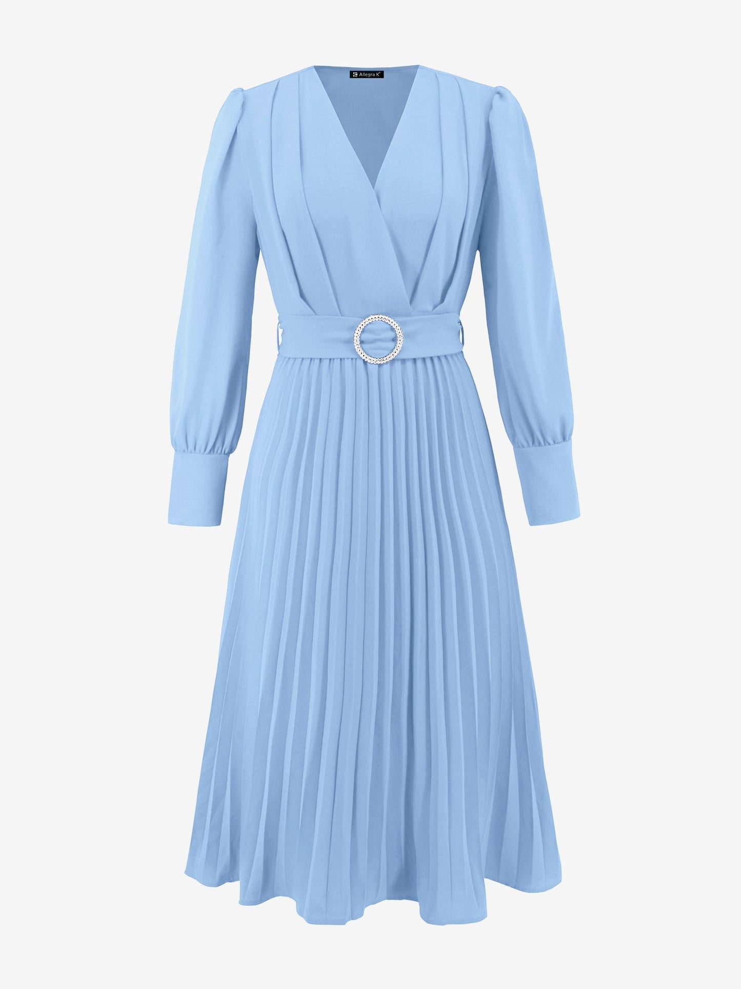 Elegant V Neck Long Sleeves Flutter Pleats Belted A-Line Midi Office Dress