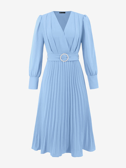 Elegant V Neck Long Sleeves Flutter Pleats Belted A-Line Midi Office Dress