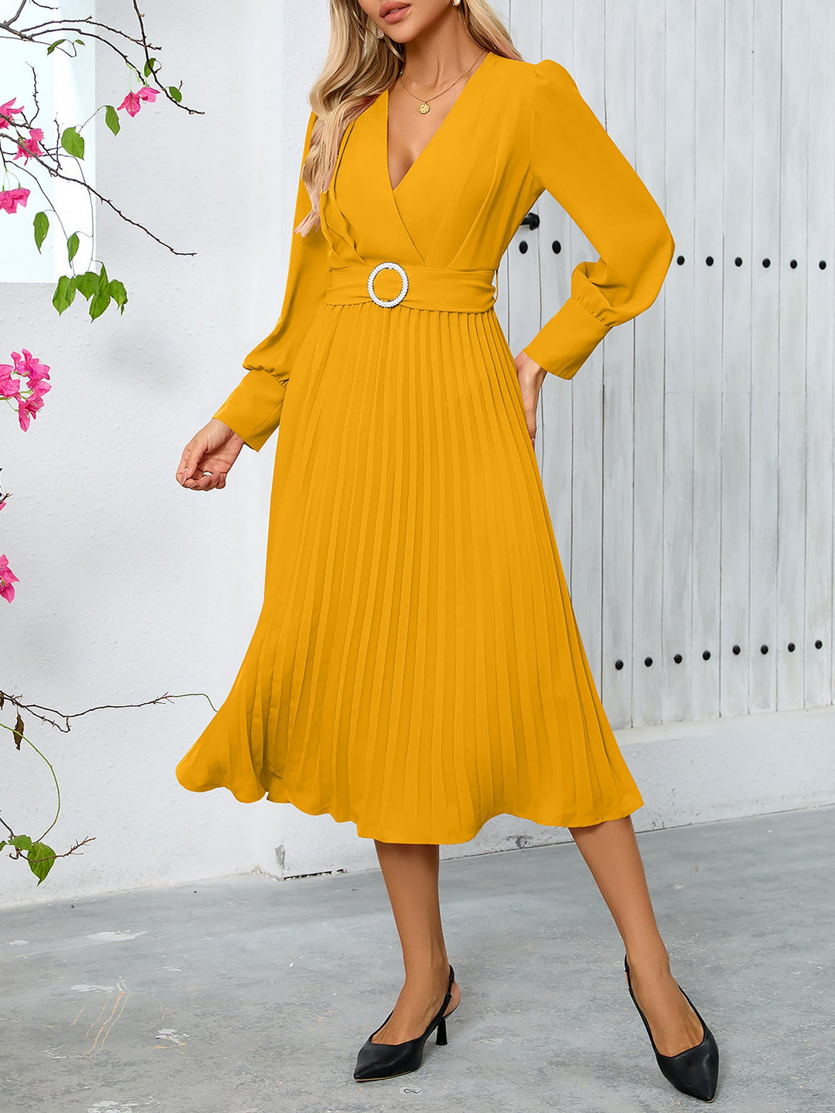 Elegant V Neck Long Sleeves Flutter Pleats Belted A-Line Midi Office Dress