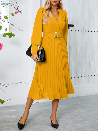 Elegant V Neck Long Sleeves Flutter Pleats Belted A-Line Midi Office Dress