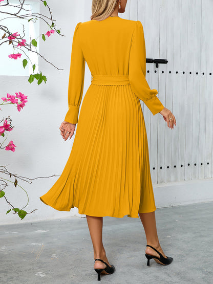 Elegant V Neck Long Sleeves Flutter Pleats Belted A-Line Midi Office Dress