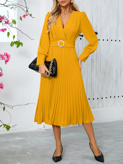 Elegant V Neck Long Sleeves Flutter Pleats Belted A-Line Midi Office Dress