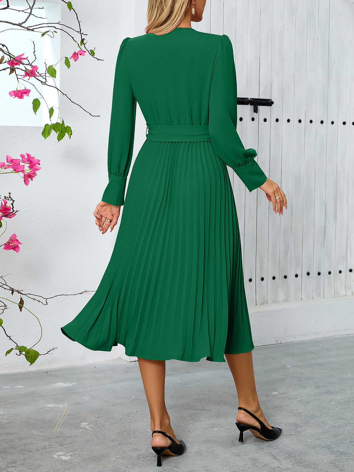 Elegant V Neck Long Sleeves Flutter Pleats Belted A-Line Midi Office Dress