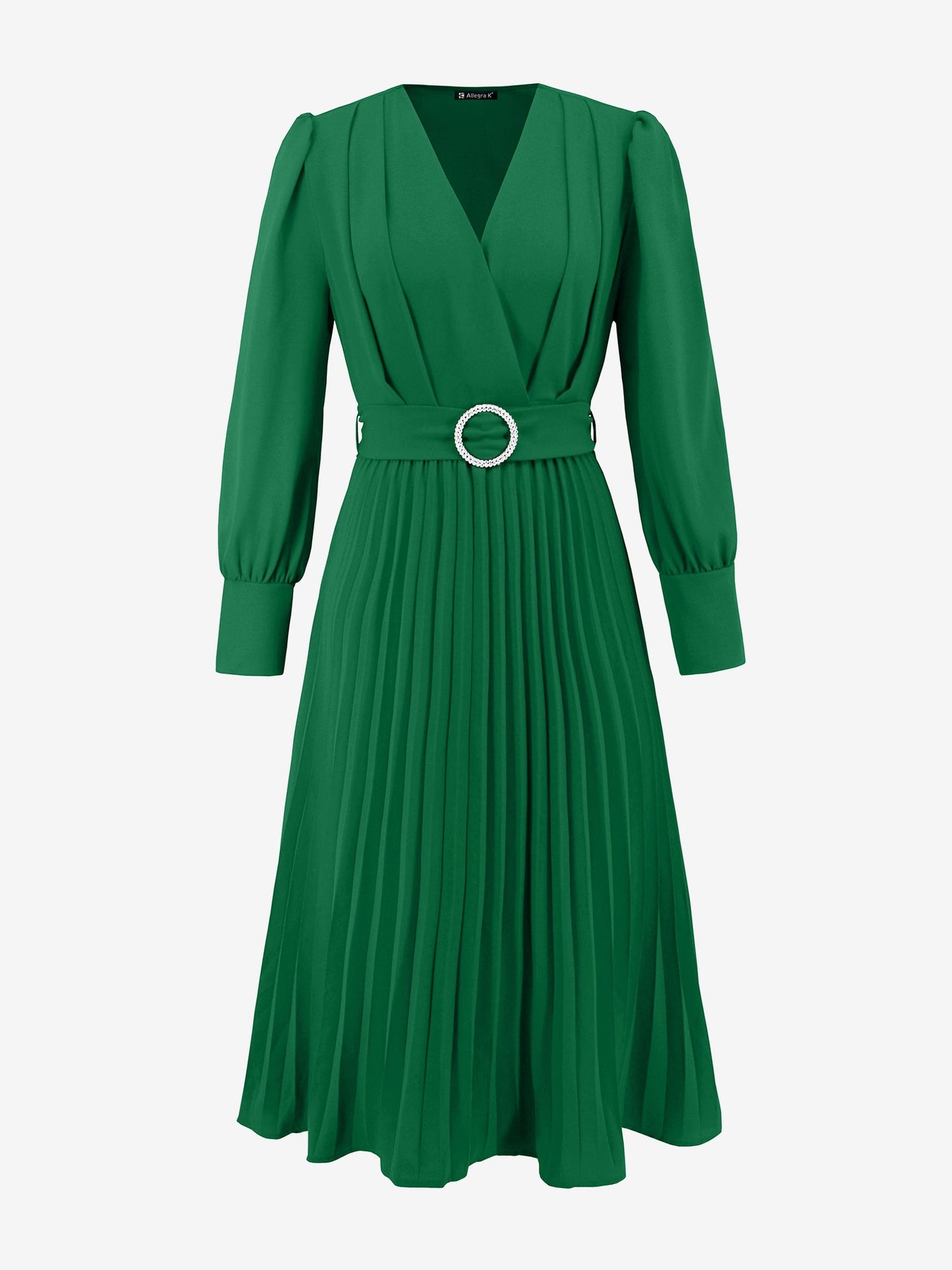 Elegant V Neck Long Sleeves Flutter Pleats Belted A-Line Midi Office Dress