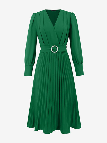 Elegant V Neck Long Sleeves Flutter Pleats Belted A-Line Midi Office Dress