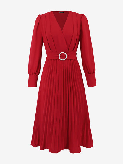 Elegant V Neck Long Sleeves Flutter Pleats Belted A-Line Midi Office Dress