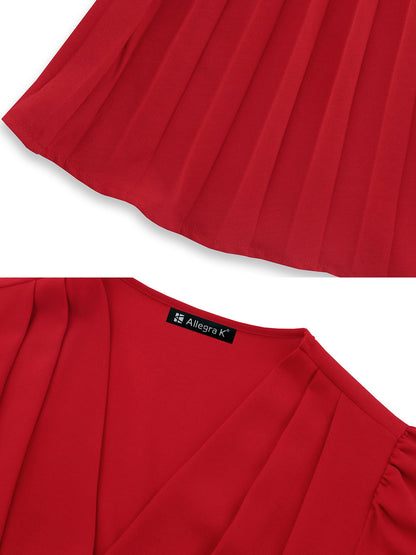 Elegant V Neck Long Sleeves Flutter Pleats Belted A-Line Midi Office Dress