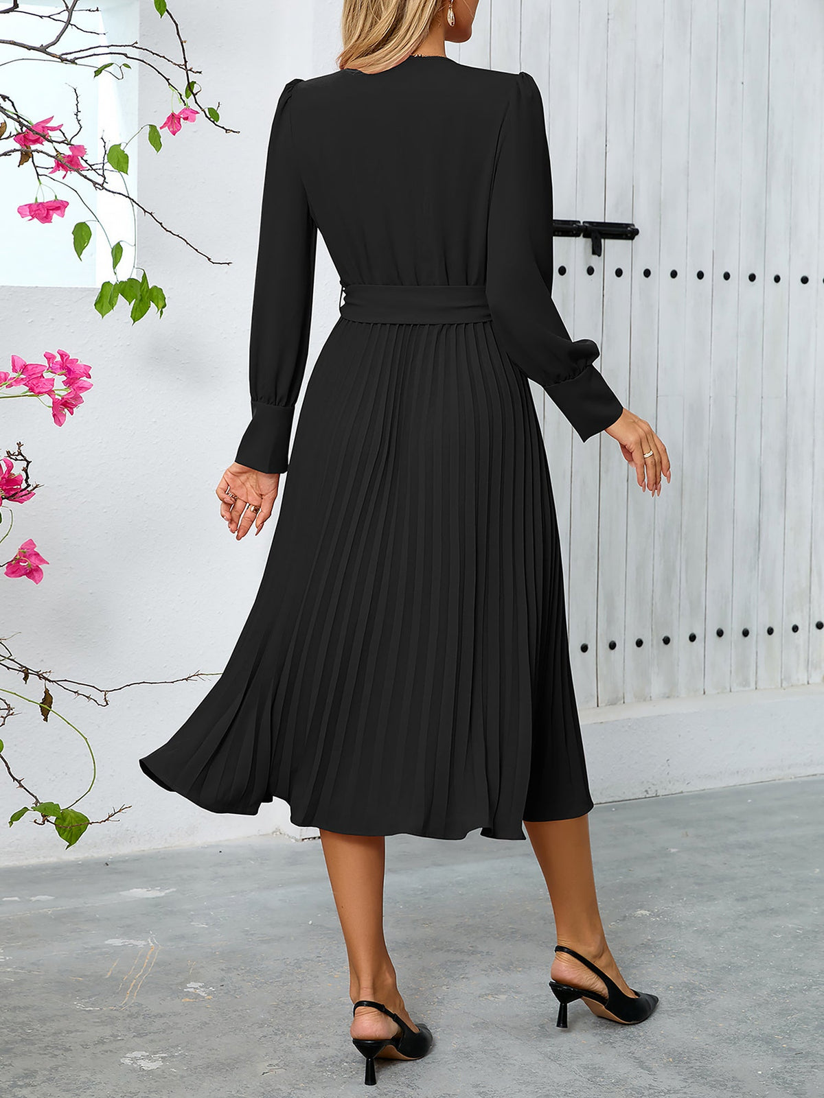 Elegant V Neck Long Sleeves Flutter Pleats Belted A-Line Midi Office Dress