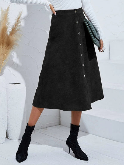 Corduroy Buttoned Split Solid Color A-Line Midi Skirt