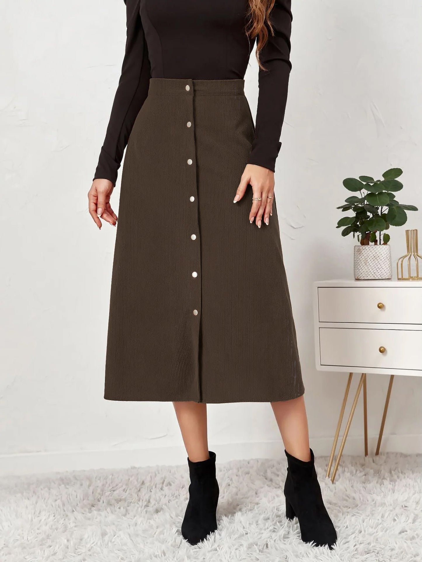 Corduroy Buttoned Split Solid Color A-Line Midi Skirt