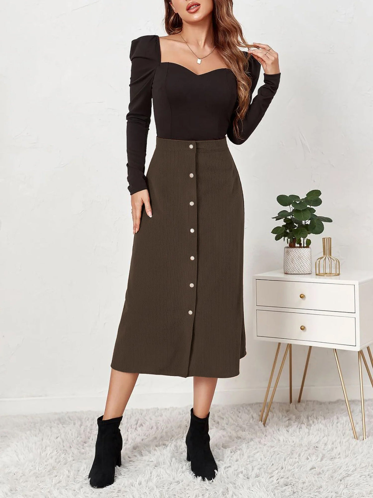 Corduroy Buttoned Split Solid Color A-Line Midi Skirt
