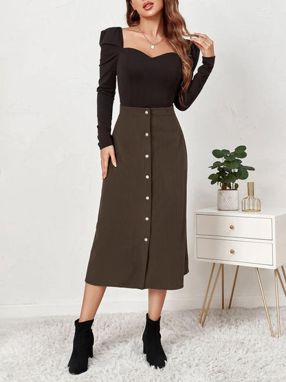 Corduroy Buttoned Split Solid Color A-Line Midi Skirt